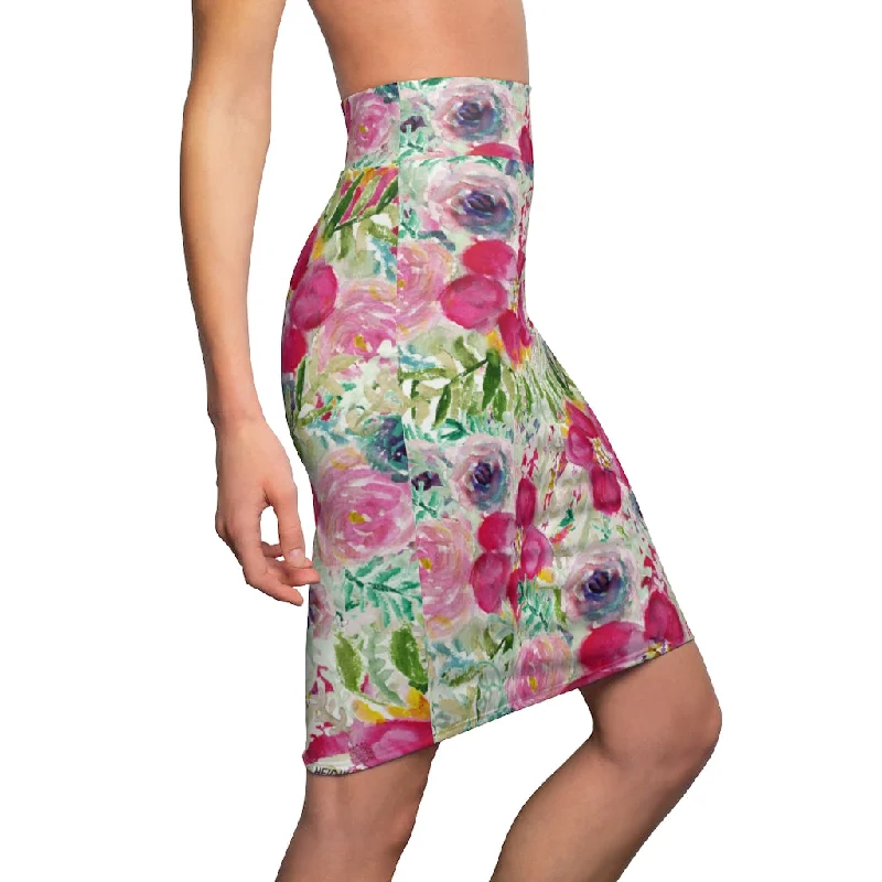 Pink Floral Women's Pencil Skirt, Mixed Girlie Rose Flower Print Patterned Skirt-Made in USA elastic waist skirt