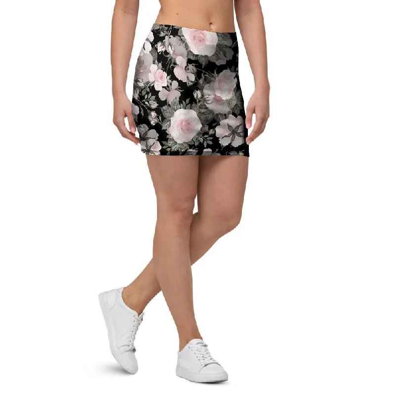 Pink Rose Floral Pattern Print Mini Skirt chiffon skirt floaty