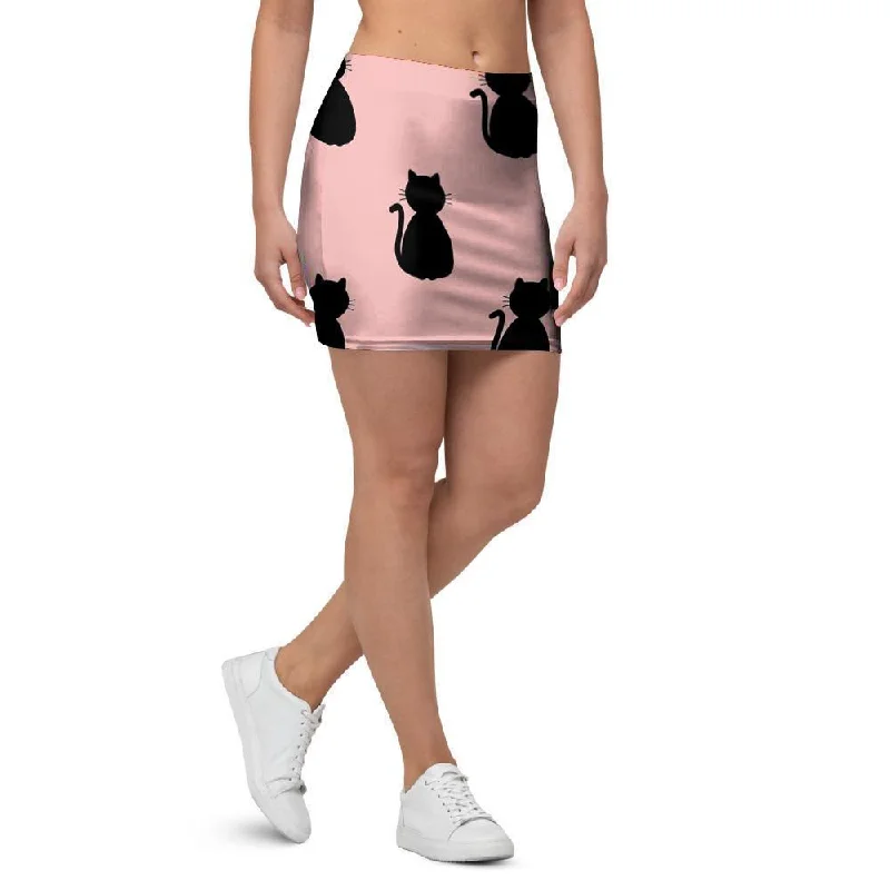 Pink Silhouette Cat Print Mini Skirt ribbed skirt waist