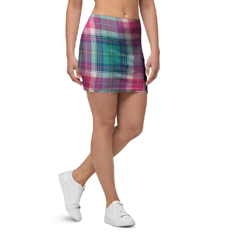 Pink Teal Plaid Tartan Mini Skirt zip skirt side