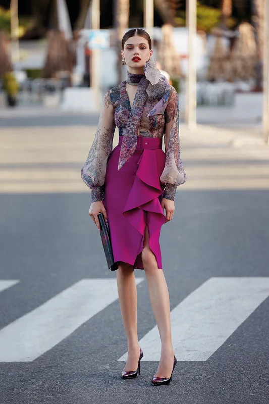 Printed shirt paired with short skirt linen skirt natural