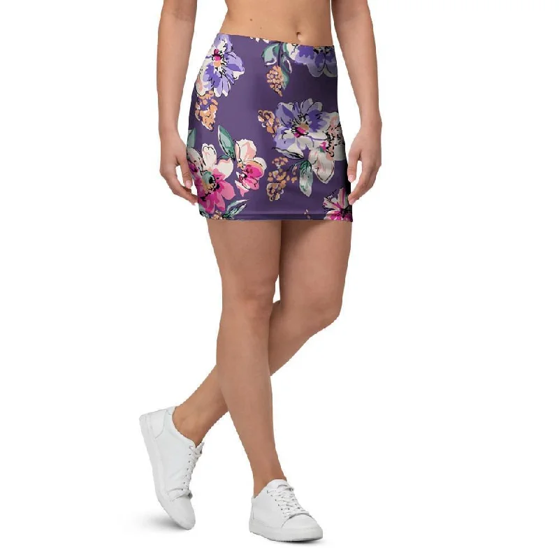 Purple Floral Print Mini Skirt wool skirt sturdy