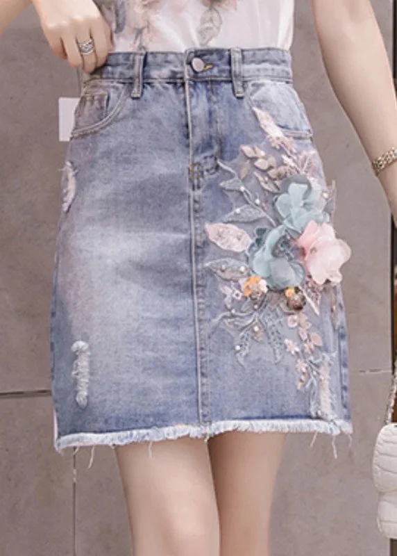 Stylish Blue Floral Patchwork High Waist Nail Bead Denim Skirt midi skirt versatile