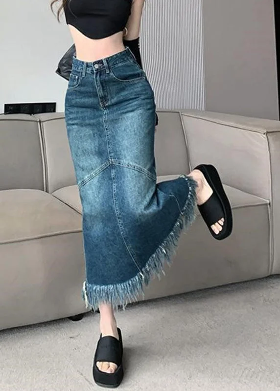 Women Navy High Waist Patchwork Tassel Denim Maxi Skirts Summer velvet skirt rich