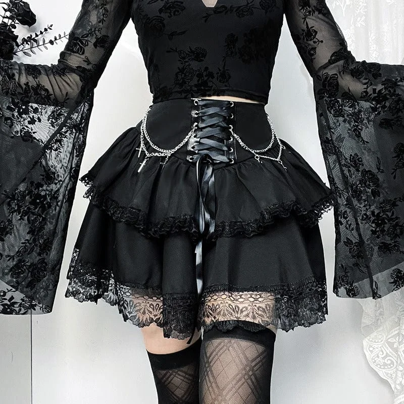 Women's Gothic Lace-up Lace Hem Skirt with Chain denim skirt fashionable