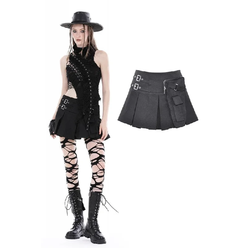 Women's Punk Big-pocket Buckle Pleated Skirt casual skirt length